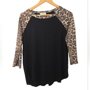 Riah Fashion Leopard Print Sleeve Black Top Size 2x